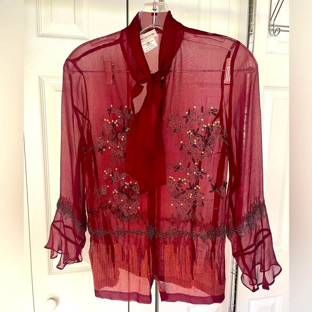 Dries Van Noten Sheer red blouse with neck tie and sequins size 38 US 6. Medium